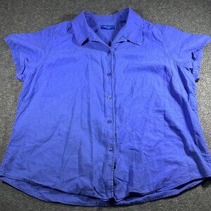 VTG Karen Scott Womens Button Up Blue Short Sleeve Linen Cotton Shirt Size XL